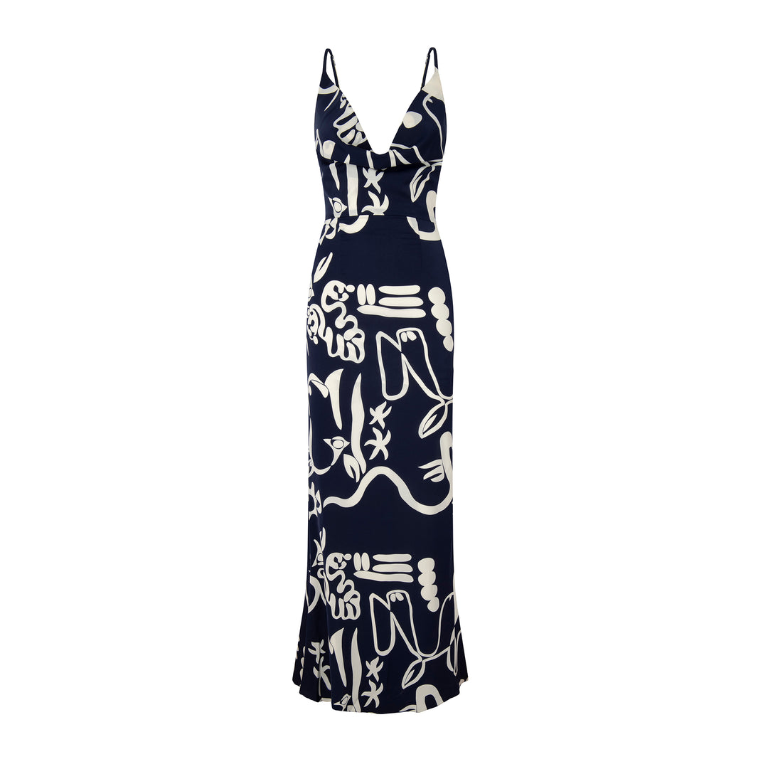 "Picasso" Maxi Dress & Headscarf - Navy